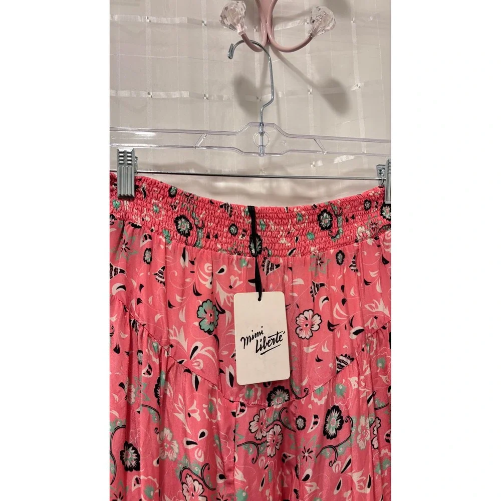 Mimi Liberte Michel Klein Pink Floral Silk Maxi Skirt Smocked Tiered Size 36 NEW